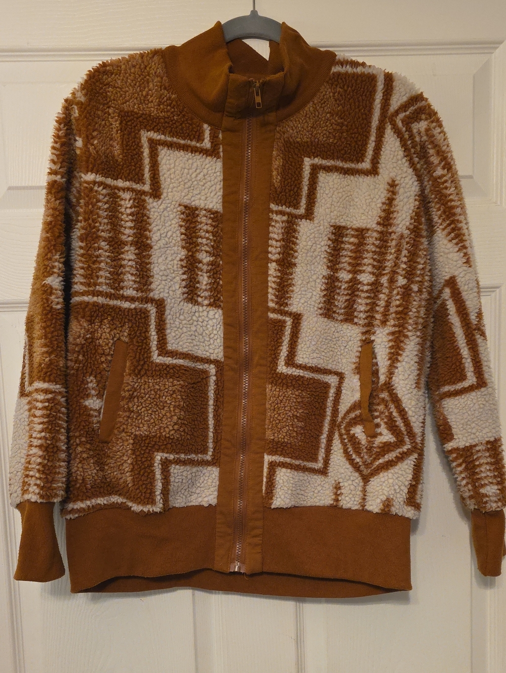 Women's Brown Geometric Sherpa Zip-Up Sweater Jacket